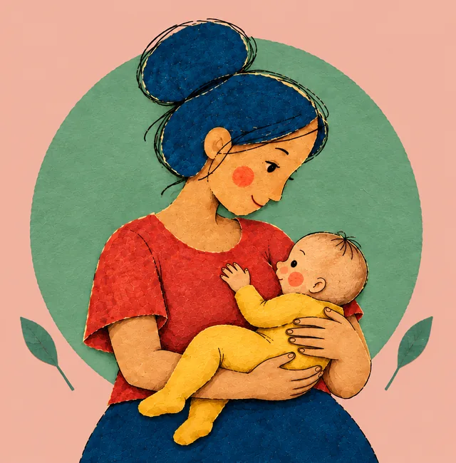 Ilustração de uma mãe amamentando o bebê no colo